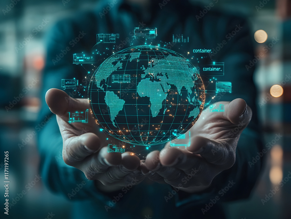 Hands holding a holographic representation of the world showcasing global shipping and logistics, symbolizing connectivity and trade in a modern warehouse environment Hands holding a holographic representation of the world showcasing global shipping and logistics, symbolizing connectivity and trade in a modern warehouse environment