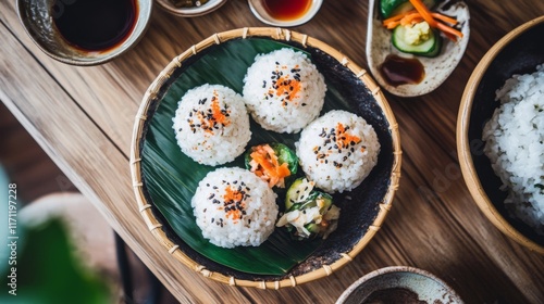 Traditional onigiri rice balls placed on a bamboo leaf, surrounded by small dishes of soy sauce and pickled vegetables, set on a wooden table.
