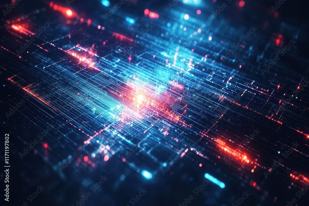 Fototapeta premium Abstract Digital Background with Glowing Lines and Particles, Futuristic Technology Concept, High-Tech Visuals, Data Flow, Blue and Red Light Patterns