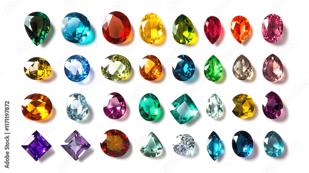 top view on set of various colorful polished diamonds isolated on solid white background top view on set of various colorful polished diamonds isolated on solid white background