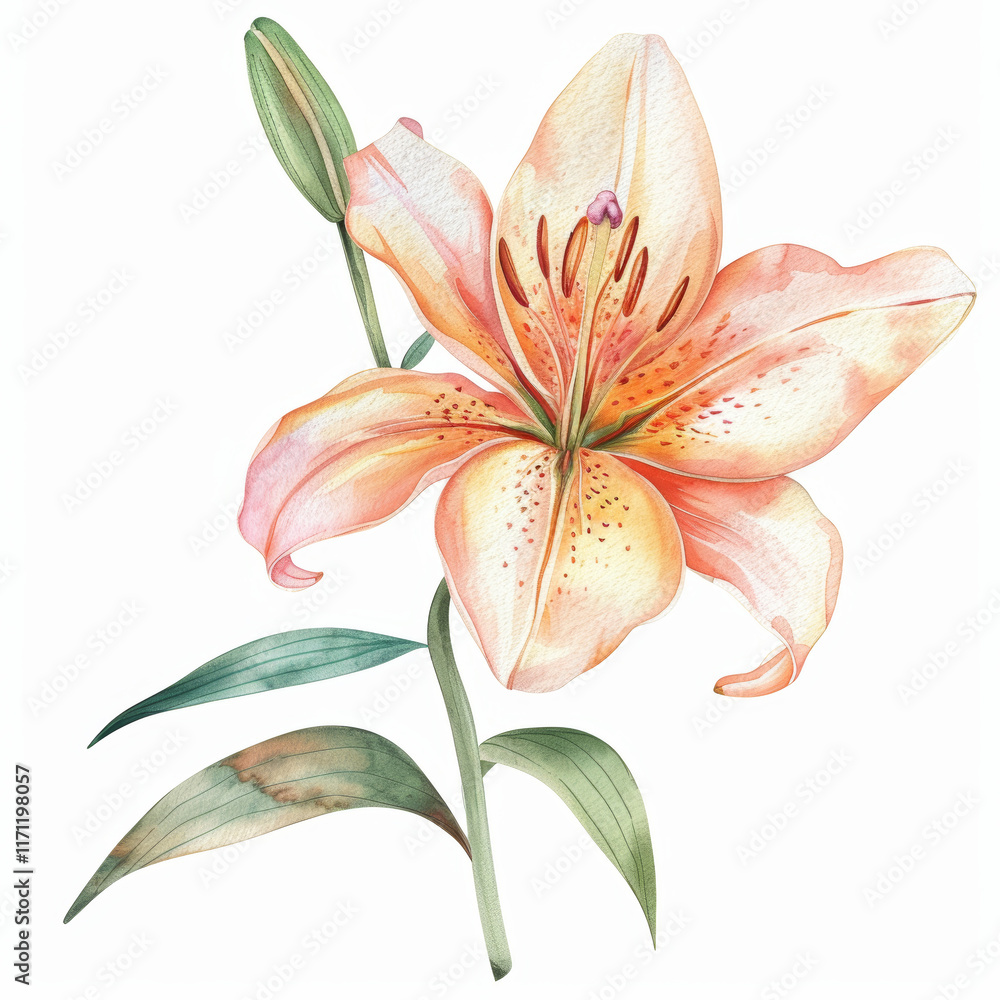 Naklejka premium Elegant Watercolor Illustration of a Pink Lily Flower with Green Leaves