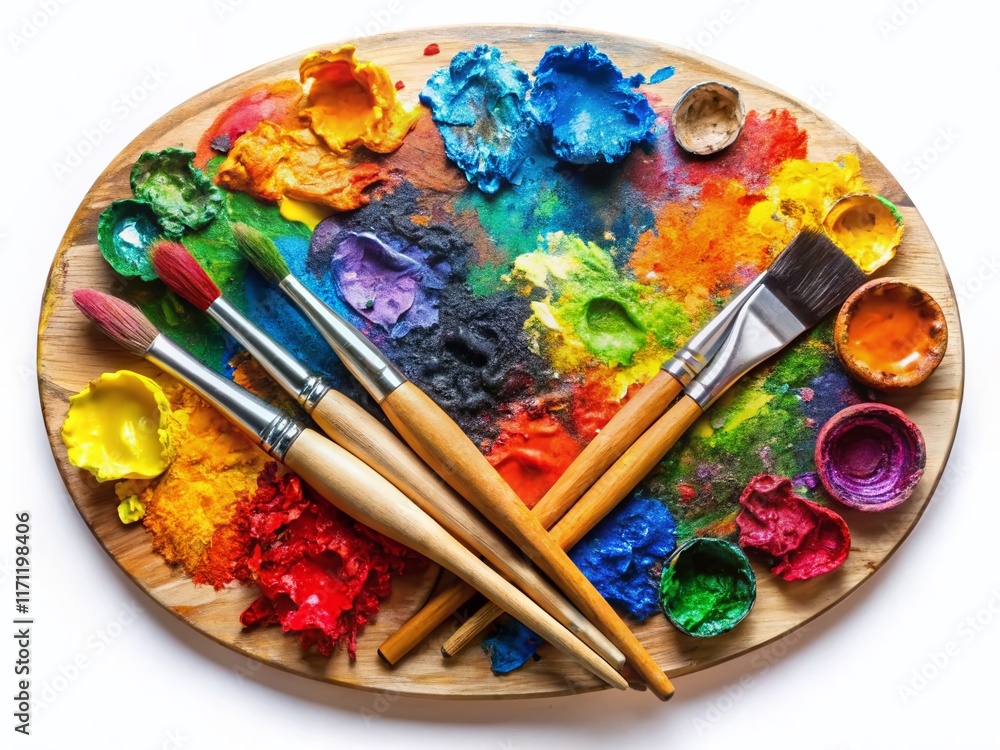 Vibrant Artist's Palette with Paint and Brushes - Stock Photo Vibrant Artist's Palette with Paint and Brushes - Stock Photo