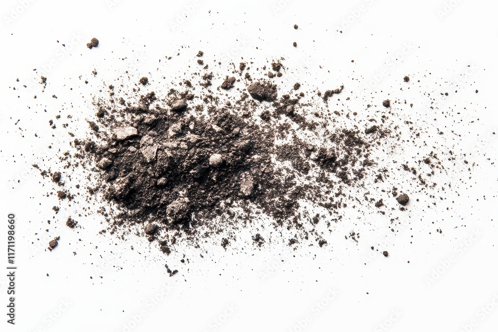 Fine black soil texture scattered on a white background showing rich organic matter suitable for agricultural and gardening applications Fine black soil texture scattered on a white background showing rich organic matter suitable for agricultural and gardening applications