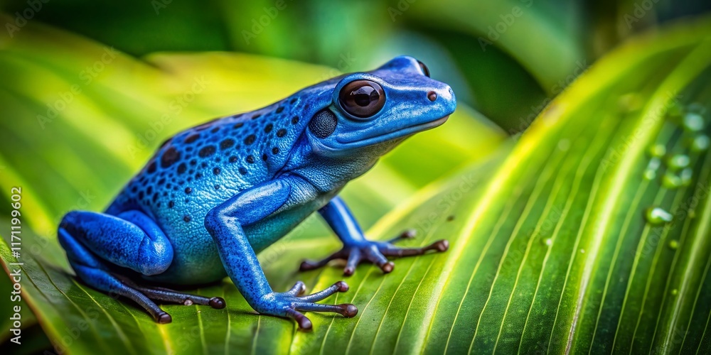 Obraz premium Vibrant Blue Poison Dart Frog Perched on a Lush Green Leaf in the Rainforest