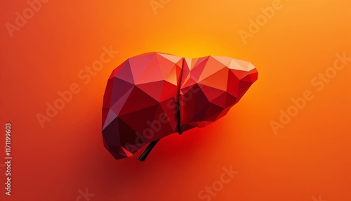 Geometric Abstraction of a Liver with Angular Facets in Bright Orange and Red Tones