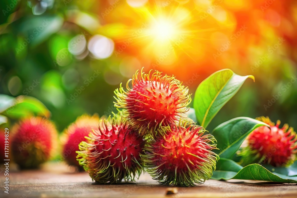 Miniature rambutan scene: vibrant red, tilt-shift effect creates a 3D minimalist summer still life. Miniature rambutan scene: vibrant red, tilt-shift effect creates a 3D minimalist summer still life.