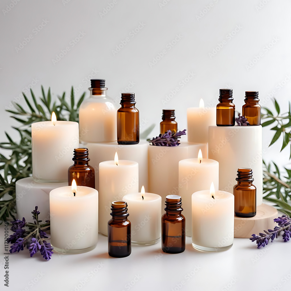 A set of essential oils and aromatherapy candles, suggesting relaxation, placed on a white surface. A set of essential oils and aromatherapy candles, suggesting relaxation, placed on a white surface.