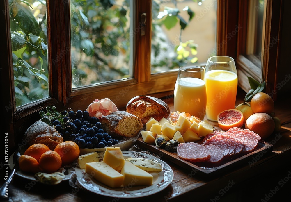 A Beautifully Laid Out Brunch Spread Featuring Artisan Cheeses, Cured Meats, Fresh Fruits, and Refreshing Beverages in Natural Light by a Window A Beautifully Laid Out Brunch Spread Featuring Artisan Cheeses, Cured Meats, Fresh Fruits, and Refreshing Beverages in Natural Light by a Window