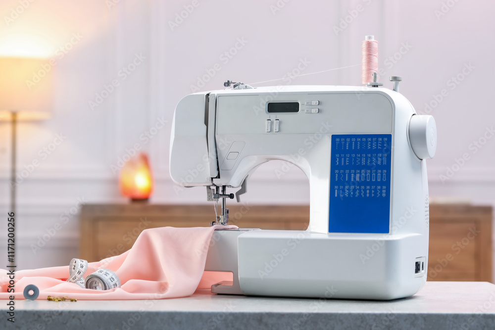 Fototapeta premium Sewing machine with threads, measuring tape and fabric on white table in workshop