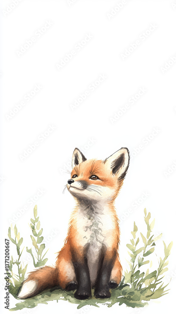 Obraz premium cute baby fox sitting among green plants, showcasing its playful nature