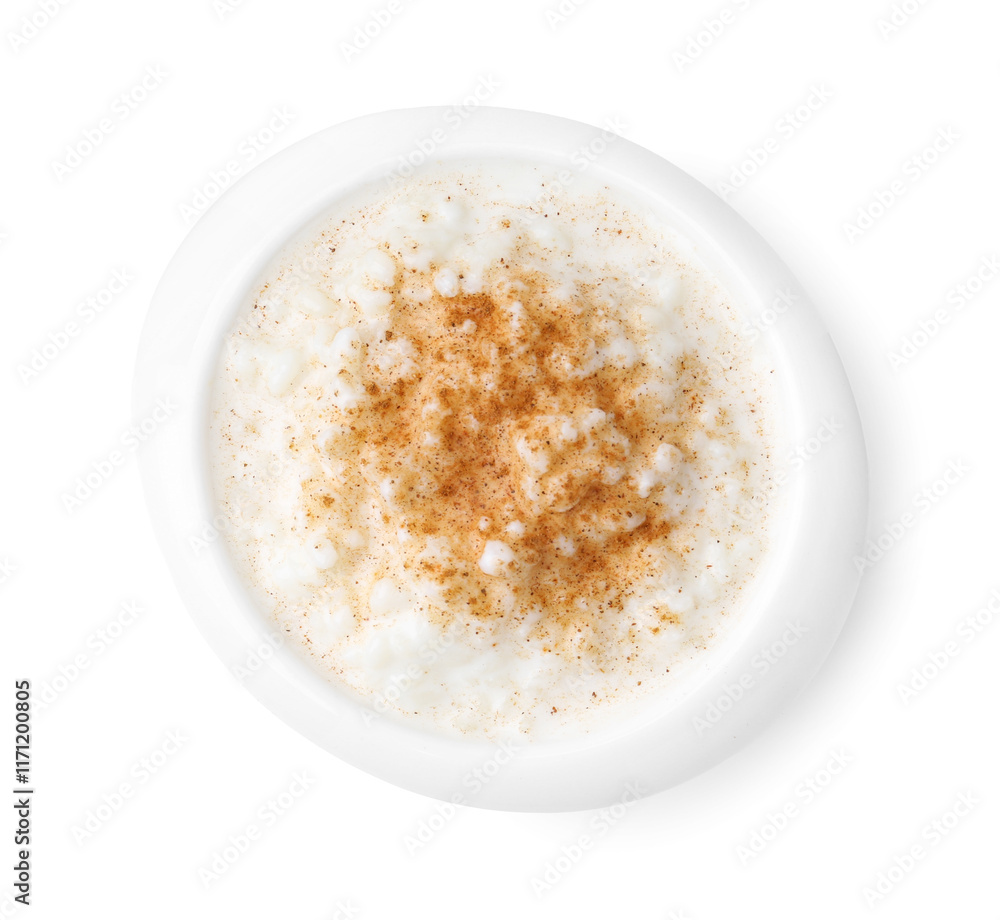 Delicious rice pudding with cinnamon isolated on white, top view Delicious rice pudding with cinnamon isolated on white, top view