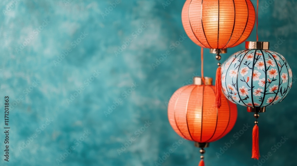 Vibrant hanging lanterns creating a festive atmosphere with copy space Vibrant hanging lanterns creating a festive atmosphere with copy space