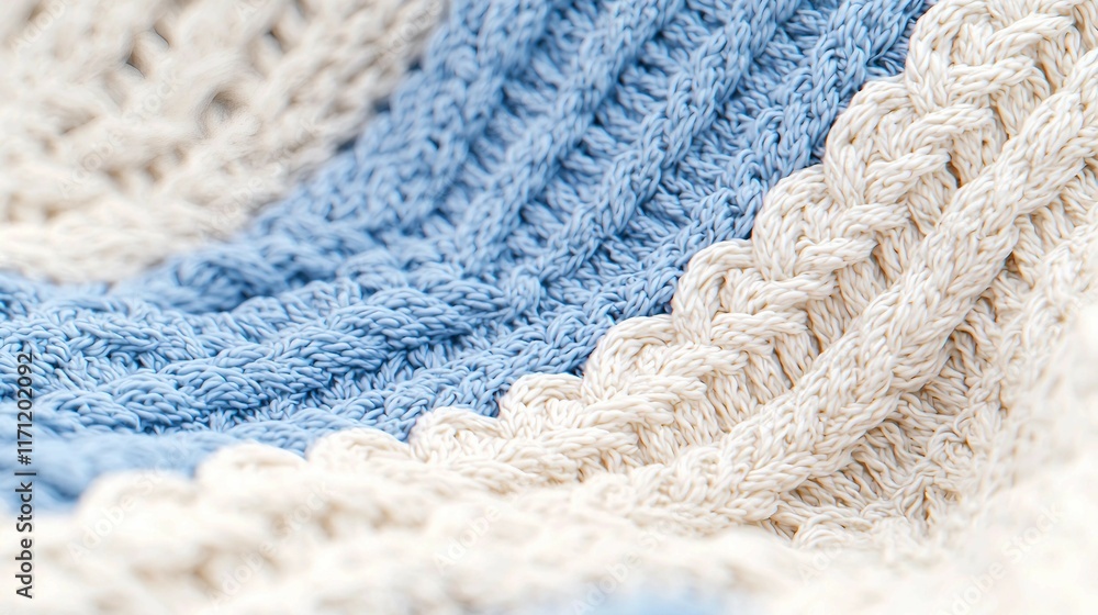 Soft Blue and Cream Knit Blanket with Textured Patterns and Lines Soft Blue and Cream Knit Blanket with Textured Patterns and Lines