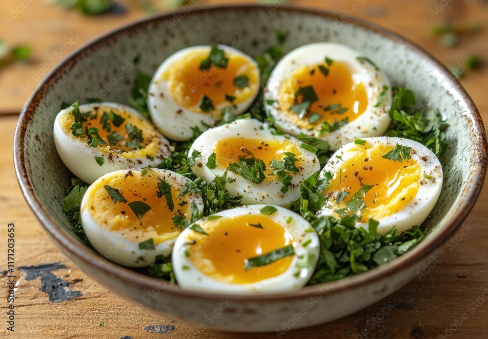 A Delicious Bowl of Soft Boiled Eggs Garnished with Fresh Herbs and Spices Served on a Rustic Wooden Table for Culinary Inspiration A Delicious Bowl of Soft Boiled Eggs Garnished with Fresh Herbs and Spices Served on a Rustic Wooden Table for Culinary Inspiration