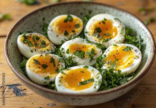 A Delicious Bowl of Soft Boiled Eggs Garnished with Fresh Herbs and Spices Served on a Rustic Wooden Table for Culinary Inspiration