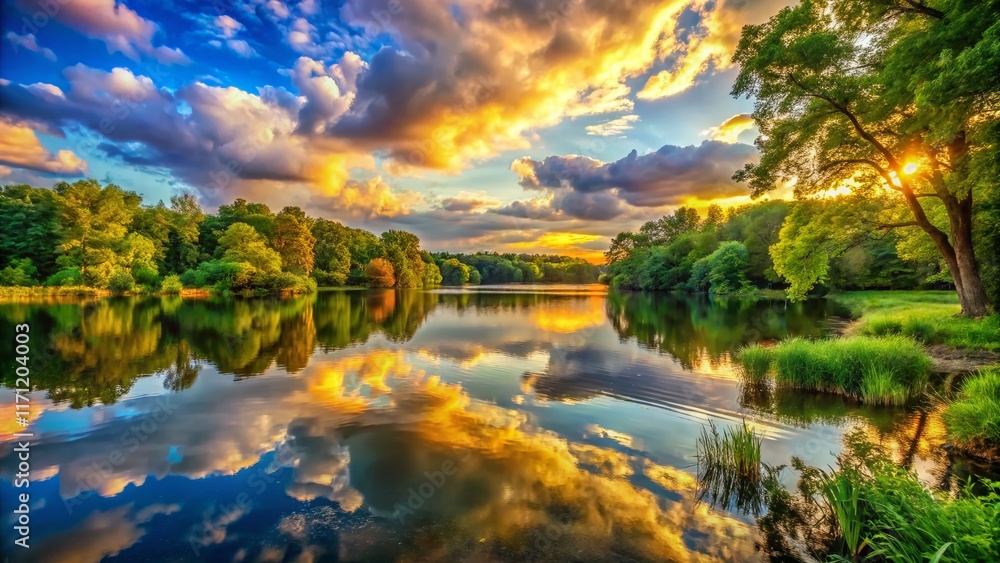 Fototapeta premium Vibrant HDR Lake Fairfax Landscape: Sunlit Water, Lush Greenery, Scenic Vista
