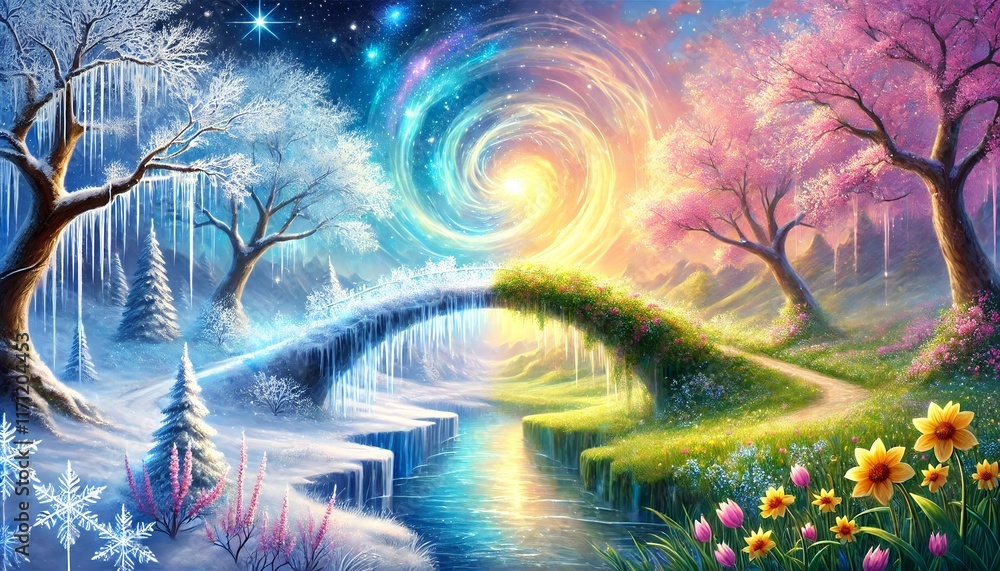 Fototapeta premium A Serene and Enchanting Horizontal Painting Illustrating the Bridge of Seasons Between Winter and Spring in a Fantastical Realm