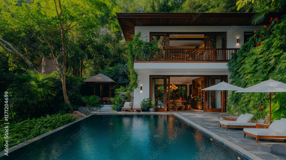 Fototapeta premium Tropical Villa Escape: Luxurious villa nestled in lush greenery, featuring a stunning infinity pool and outdoor lounge area. Perfect for relaxation and tranquility. 