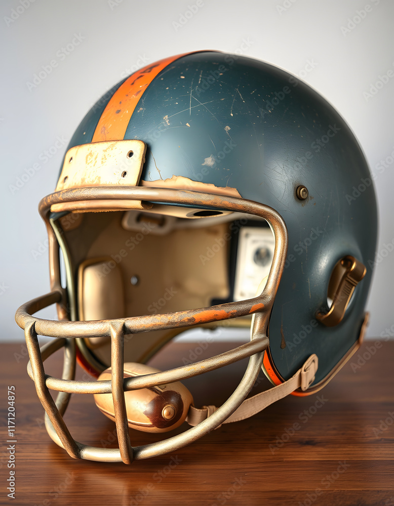 Fototapeta premium A worn and aged vintage old style American football helmet. Authentic and game-worn 1950s style football facemask and helmet, flat papercut style, with white tones