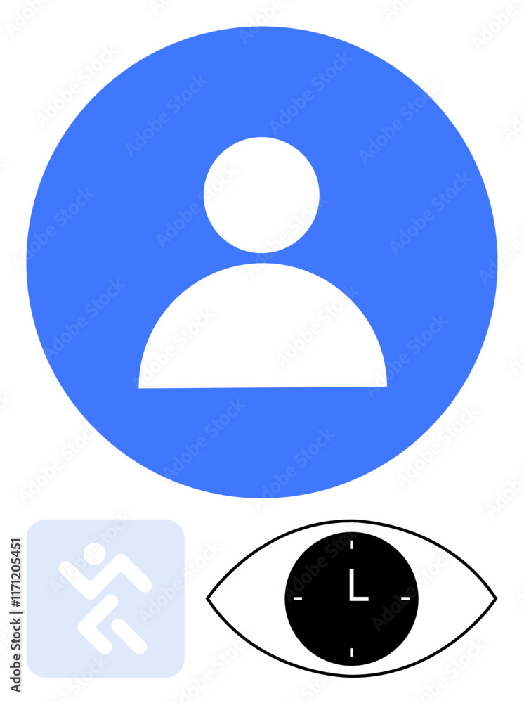 User profile symbol in blue circle, minimalist clock within black eye, and abstract figure running. Ideal for identity, productivity, activity tracking, time management, user interfaces, visual User profile symbol in blue circle, minimalist clock within black eye, and abstract figure running. Ideal for identity, productivity, activity tracking, time management, user interfaces, visual