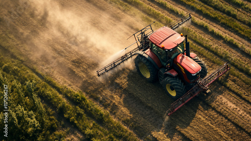 a tractor spraying on his farm during mid-day with a birds eye view seen from backside 