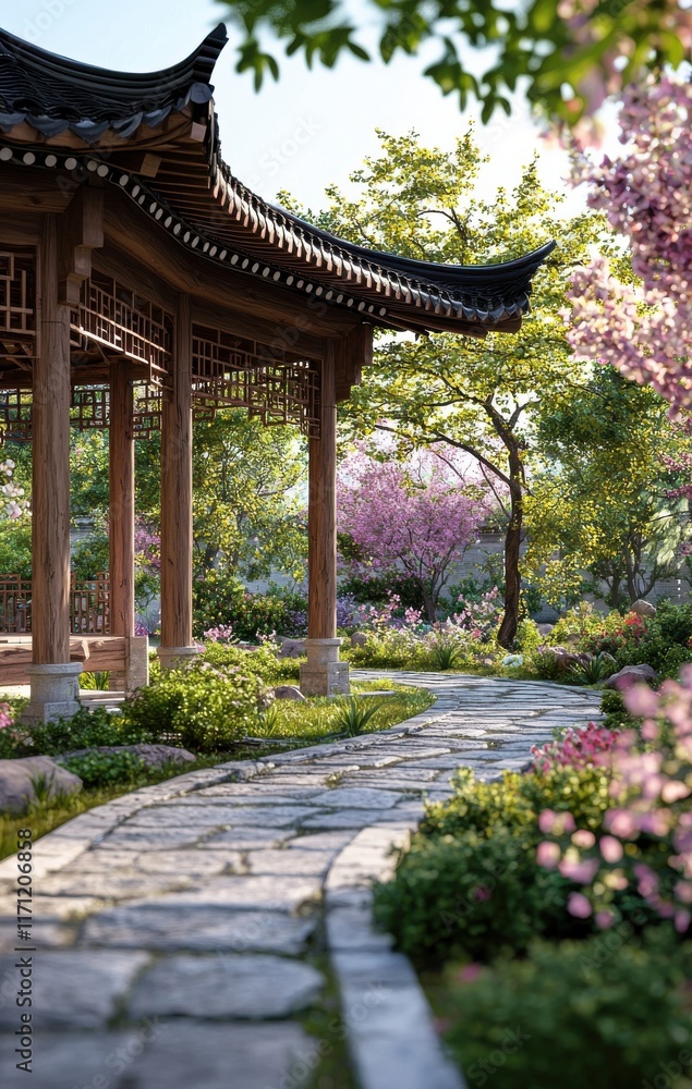 Serene Chinese Garden Path with Traditional Gazebo and Blossoming Trees Serene Chinese Garden Path with Traditional Gazebo and Blossoming Trees