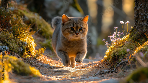 Scottish Fold cat running along winding forest path, surrounded by flowers and soft sunlight. scene captures playful spirit of cat in serene natural setting photo