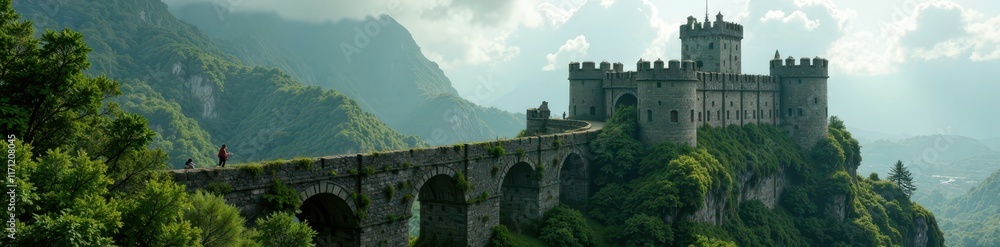Towering battlements, overgrown with vines and moss, stone walls, medieval architecture, overgrowth Towering battlements, overgrown with vines and moss, stone walls, medieval architecture, overgrowth