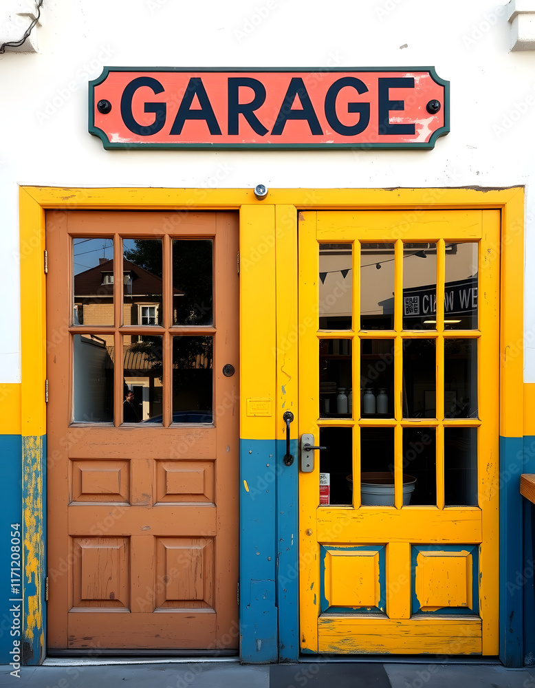 Old wooden and glass doors, painted in retro yellow and blue colours with hand painted garage sign above, photo, with white tones Old wooden and glass doors, painted in retro yellow and blue colours with hand painted garage sign above, photo, with white tones