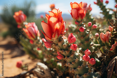 An enchanting picture showcasing surprising allure of desert, emphasizing intricate features of desert plants and vivid hues that arise photo