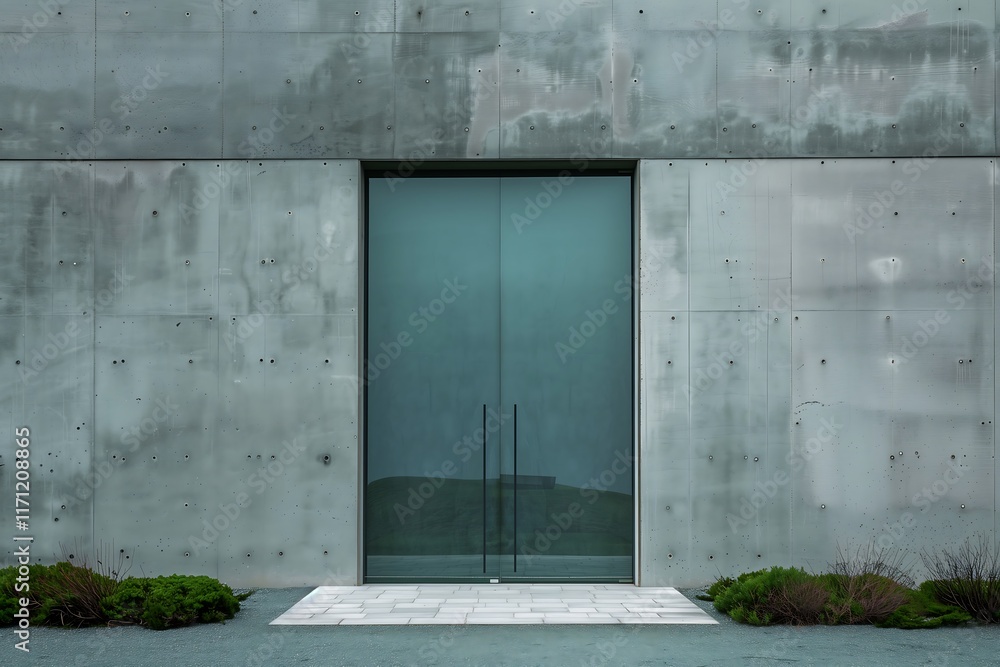 A simple concrete gate with a central vertical strip of clear glass A simple concrete gate with a central vertical strip of clear glass
