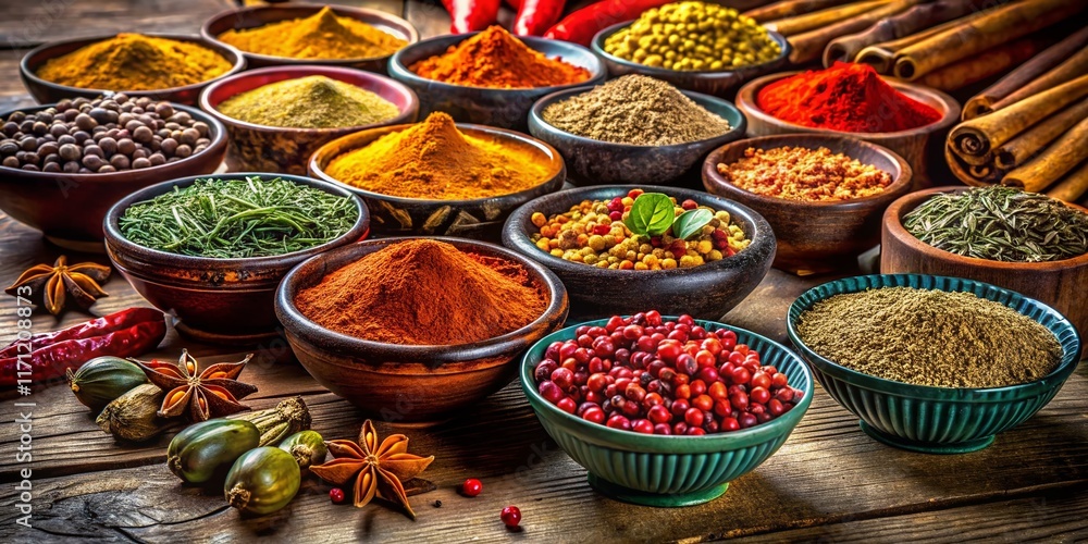 Vibrant Spices in Ceramic Bowls on Rustic Wooden Table - Colorful Food Photography Vibrant Spices in Ceramic Bowls on Rustic Wooden Table - Colorful Food Photography