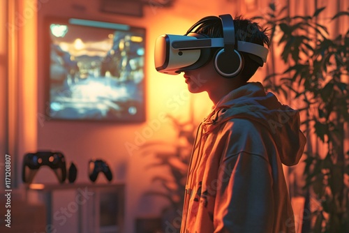 Immersive Gaming Experience: Young gamer engrossed in virtual reality, experiencing a thrilling adventure.  The warm room lighting enhances the feeling of immersion and escapism.  photo