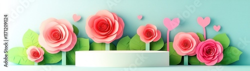 Creative Valentine's Day podium with paper cut out concept. Colorful paper flowers and hearts with a blank space for text on a light background