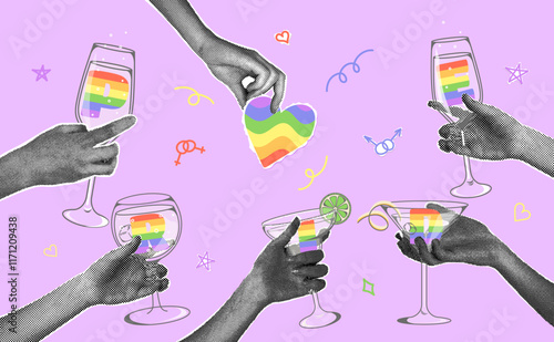 Trendy halftone collage. Hands with halftone effect holding different glass drinking glasses and paper cut out heart in scrapbooking style.Horizontal collage on pride month theme in retro style