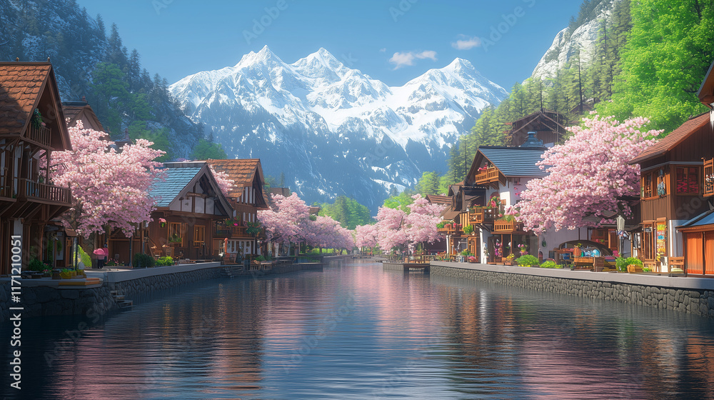 lake in the mountains with cherry Blossom lake in the mountains with cherry Blossom