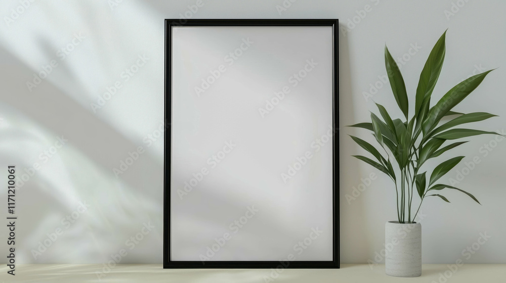 Black frame mockup leaning on white wall with plant decoration Black frame mockup leaning on white wall with plant decoration