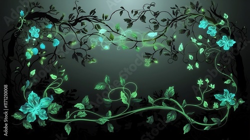 Ethereal glowing vines, masterpiece, bioluminescent flowers, dark fantasy forest, swirling tendrils, black background, detailed digital art, fantasy floras,