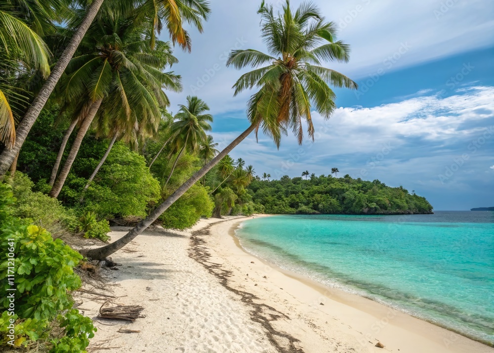 Vibrant Tropical Island Beach Scene: Colorful Coconut Trees, Sandy Shore, Turquoise Sea - Stock Photo Vibrant Tropical Island Beach Scene: Colorful Coconut Trees, Sandy Shore, Turquoise Sea - Stock Photo
