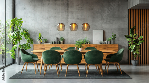 Wallpaper Mural Stylish Dining Space with Round Table, Green Chairs, and Concrete Details Torontodigital.ca