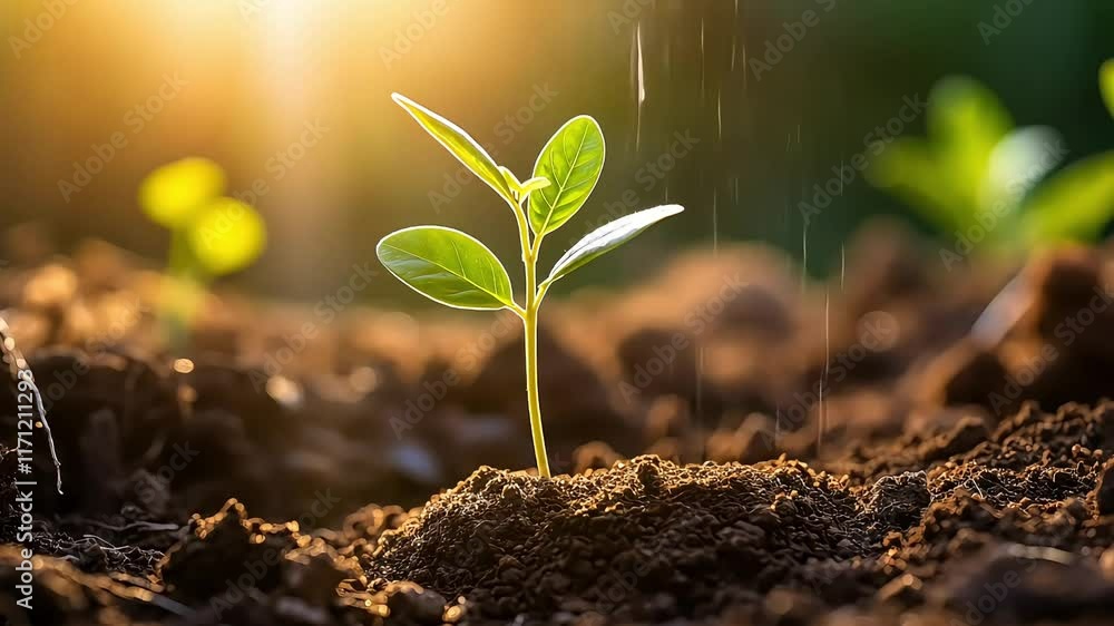 Green plant grows in soil, concept growth of sprouts and agriculture, back light background Green plant grows in soil, concept growth of sprouts and agriculture, back light background