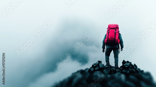 Adventurous Hiker Standing Triumphantly at the Summit of a Volcanic Crater Surrounded by Breathtaking Natural Landscapes and Majestic Mountain Views photo