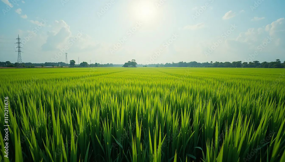 Serene Green Rice Paddy: A Sunlit Landscape Painting Serene Green Rice Paddy: A Sunlit Landscape Painting