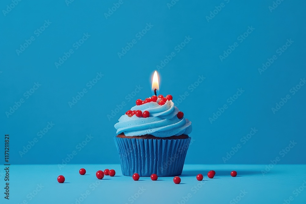 Delicious blue cupcake with red sprinkles and candle bakery food photography bright colorful environment front view celebration concept Delicious blue cupcake with red sprinkles and candle bakery food photography bright colorful environment front view celebration concept