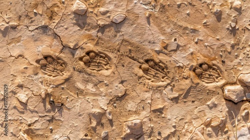 Fossilized footprints embedded in rocky terrain, showcasing ancient life. photo