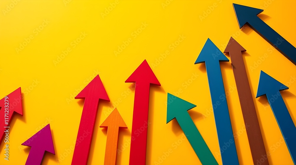 stock photo Colorful arrows pointing upward on a yellow background, symbolizing growth. stock photo Colorful arrows pointing upward on a yellow background, symbolizing growth.