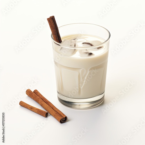 A glass of creamy milk garnished with aromatic cinnamon sticks. The glass is clear, showcasing the milk s white color. The cinnamon sticks add a touch of flavor beside the glass. photo