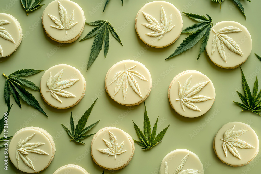 Cookies with hemp and scattered cannabis leaves on olive textured background. Concept of integrating cannabis into dietary supplements and natural wellness products. Cookies with hemp and scattered cannabis leaves on olive textured background. Concept of integrating cannabis into dietary supplements and natural wellness products.