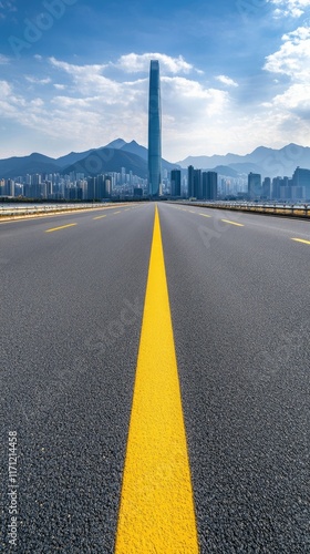 A stunning view of a modern city skyline featuring impressive skyscrapers and a deserted asphalt road beneath a clear blue sky photo