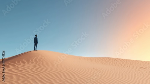 A solitary traveler standing majestically atop a vast sand dune observing the endless flowing sands under a bright sun in a tranquil desert landscape